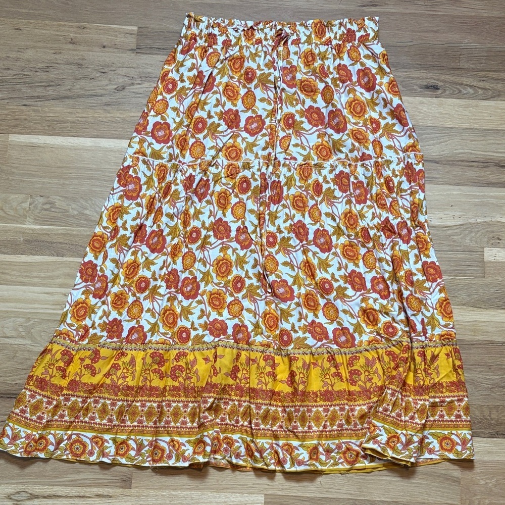 Merokeety Boho Vibrant Floral Maxi Skirt in Orange and Yellow Women’s L
